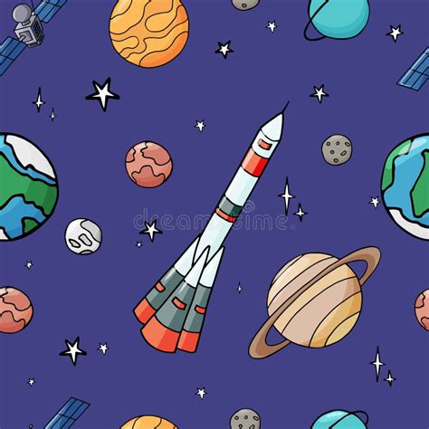 Space Seamless Pattern With Rocket And Solar System Planets Stock