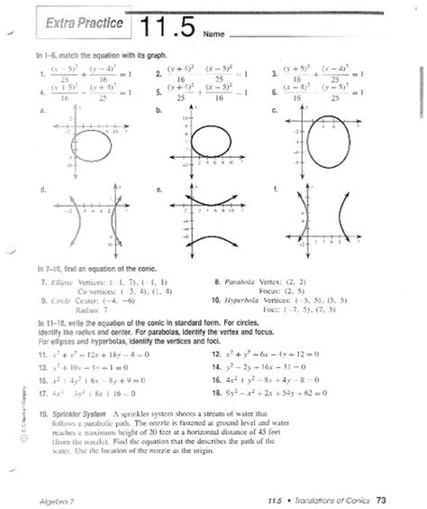 Conic Sections Worksheet For 11th Grade Lesson Planet
