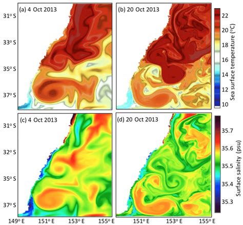 Snapshots Of A B Sea Surface Temperature And C D Surface Salinity