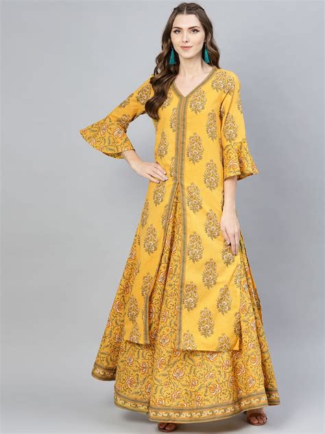 Preorder Yellow Floral Printed Kurta And Skirt Set Navastrani Boutique