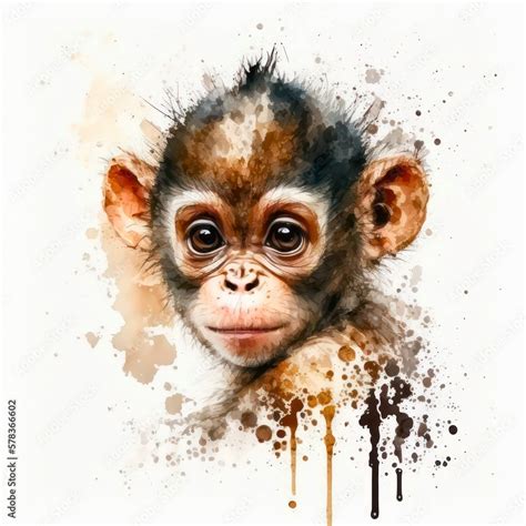 Cute Little Monkey In Aquarelle Style With Paint Splashes Watercolor