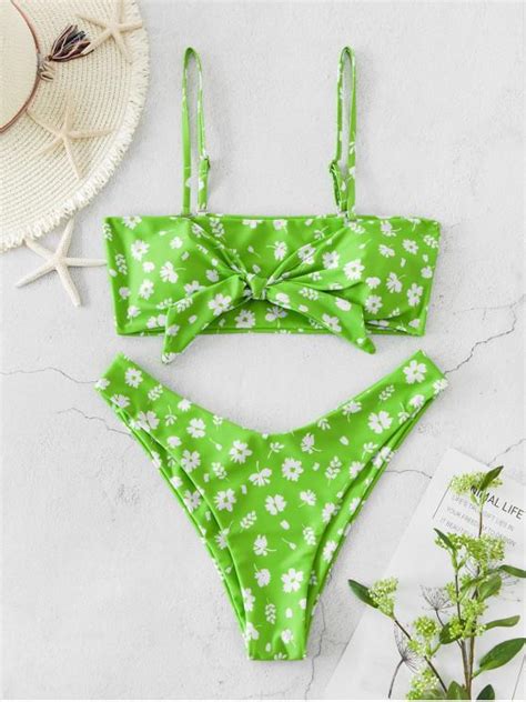23 Off 2021 Zaful Floral Print Knotted Bikini Set In Green Zaful