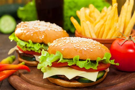 Image Two Hamburger French Fries Buns Fast Food Food Vegetables