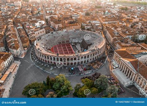 Aerial Drone Shot View Of Sunrise On Ancient Roman Amphitheatre In