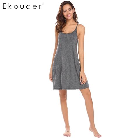 Ekouaer Sleepwear Women Sexy Nightdress Spaghetti Strap Solid Nighties Dress Sleeveless