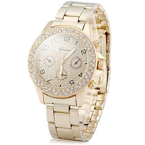 Golden Geneva Diamond Decorative Sub Dials Quartz Watch Stainless Steel Band For Women