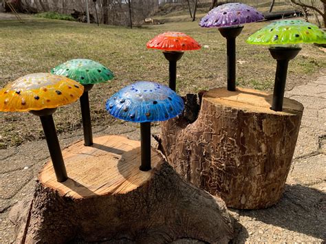 Mushroom Solar Lights Fused Glass Garden Stake Etsy