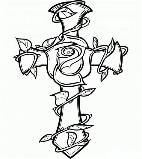 Black silhouette of rose with leaves. Rose And The Cross Coloring Page - Free Printable Coloring ...