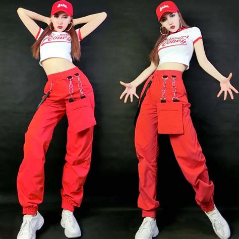 Hip Hop Costumes Women Fashion Red Trousers Street Dancing Outfit Jazz