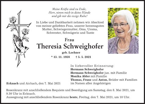 Traueranzeigen Von Theresia Schweighofer Augsburger Allgemeine Zeitung