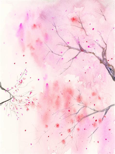 Cherry Blossom Abstract Art Watercolor Painting By Suisaigenki On