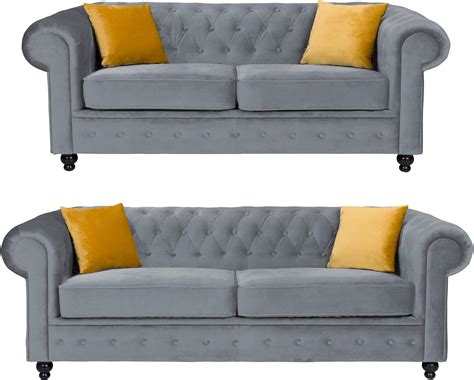 Sofas And More Hilton Chesterfield Style Grey French Velvet Fabric 32