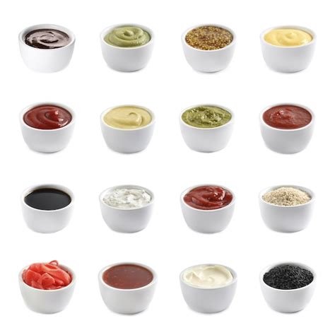 Premium Photo Set Of Different Delicious Sauces And Condiments On