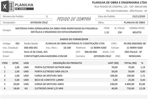 MODELO DE PEDIDO DE COMPRA Planilha De Obra