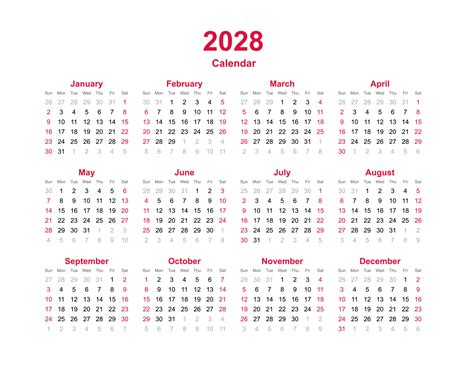 Plantilla De Año Calendario 2028 Conjunto De Calendario De Doce Meses