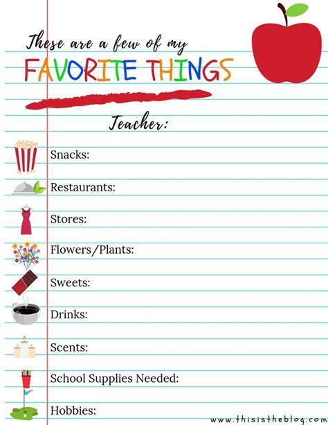 Teacher S Favorite Things List Printable