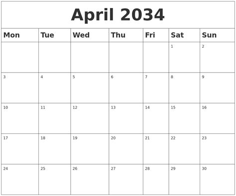 April 2034 Blank Calendar