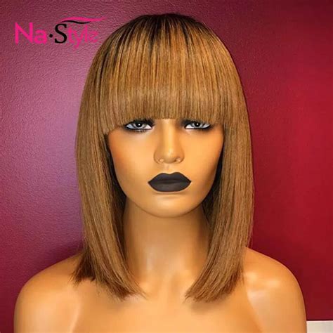 Human Hair Wigs With Bangs Ombre Honey Blonde Lace Front Wigs 1b 27