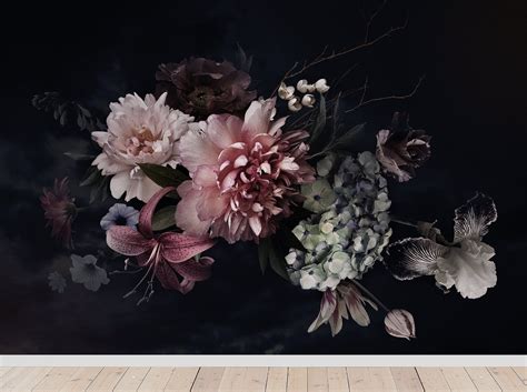 Dark Floral Wallpaper With Peony Bouquet Peel And Stick Wall Etsy
