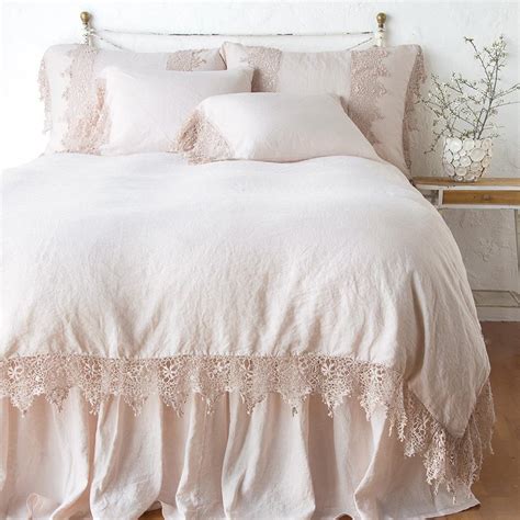 Bella Notte Frida French Country Pearl Pink Linen Lace Duvet Cover King