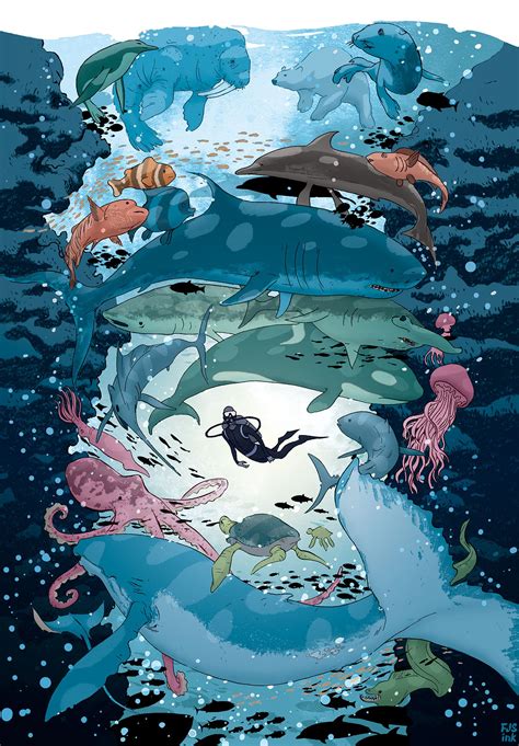 Aquatic Life Print Ocean Art Sea Illustration Animation Art