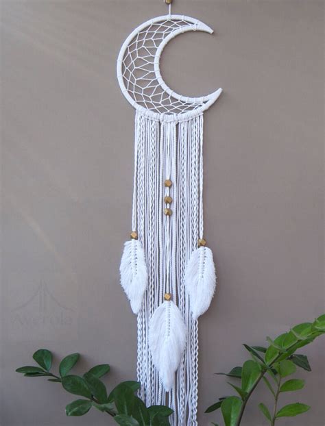 Moon Dreamcatcher With Feathers Crescent Moon Macrame Wall Etsy