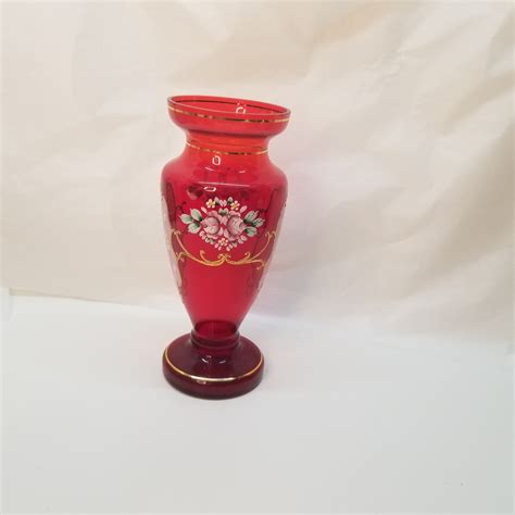 Large Ruby Glass Vase Vintage Hand Blown Bohemian Ruby Glass Hand Painted Detail With 22kt