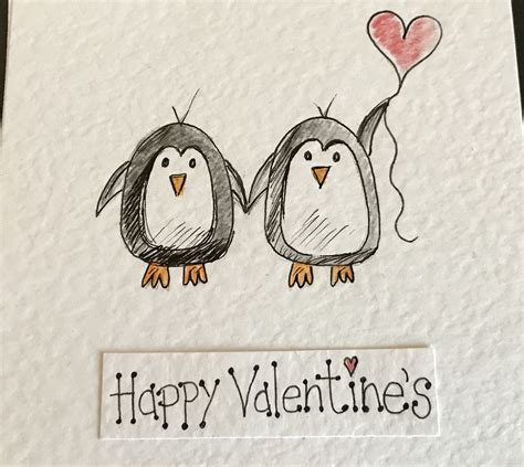 Hand Illustrated Penguin Valentines Card Valentine Cards Handmade