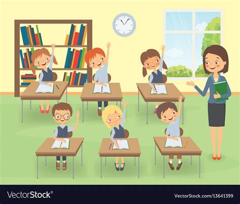 Teacher With Pupils In A Classroom At A Lesson Cartoon Vector