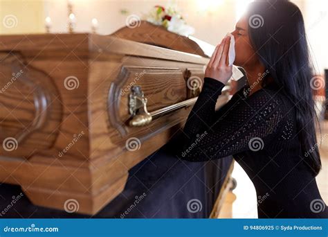 Woman With Coffin Crying At Funeral In Church Stock Image Image Of