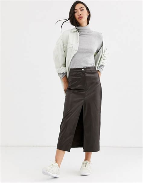 Weekday Emmie Faux Leather Midi Skirt In Brown Asos In 2020 Faux