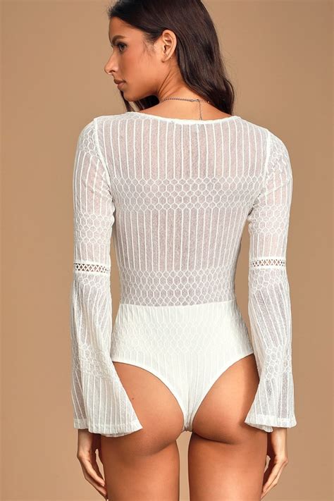 sexy white bodysuit sheer mesh bodysuit bell sleeve bodysuit