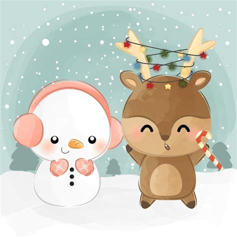 Premium Vector Cute Little Deer And Snowman