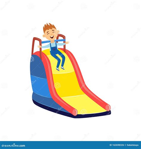 Happy Little Boy Sliding Down Colorful Yellow Slide Stock Vector