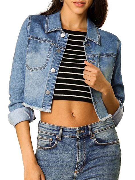 Unique Bargains Womens Jean Jacket Frayed Button Up Washed Cropped Denim Jackets Walmart