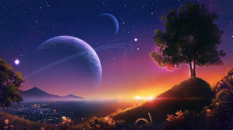 Anime 2d Artwork Digital Art Landscape Sky Planet Galaxy