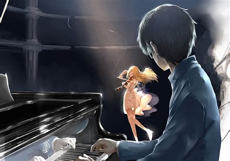 Hd Wallpaper Male Anime Character Playing Piano Near Woman Playing