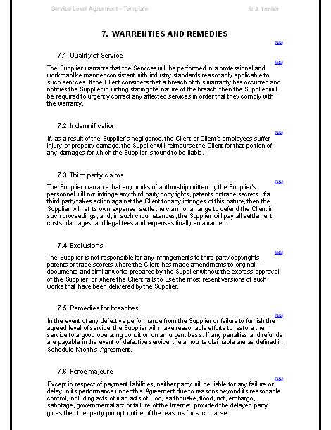 customer service level agreement template purchase