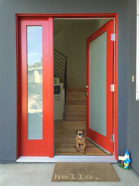 Grey accoya front door with sidelights. Red Front Door as Surprising Door Design for Modern Home ...