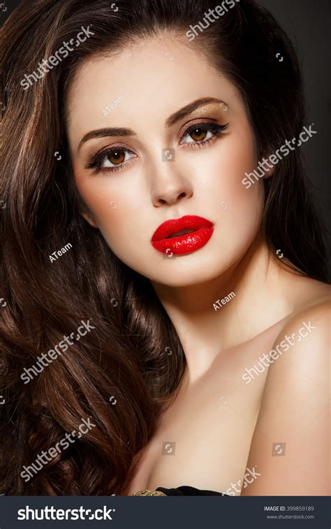 Red Lips Beauty Makeup Woman With Brunette Hair Beautiful Girl