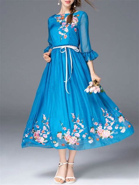 Blue 34 Sleeve Embroidered Midi Dress With Belt Sexyplus Casual Prom Dresses Embroidered