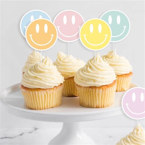 Pastel Groovy Smiley Face Cupcake Toppers Retro Cupcake Etsy