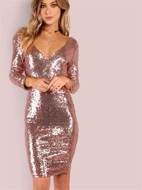 Th Sleeve Low V Sequin Bodycon Dress Rose Gold Sequin Bodycon