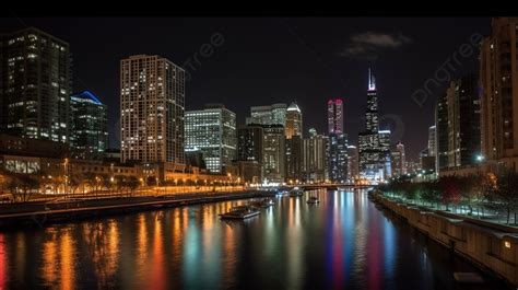 Cityscape Photo Chicago River At Night Background Chicago Illinois U