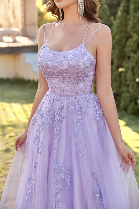 Zapaka Purple Prom Dress A Line Spaghetti Straps Tulle Party Dress With