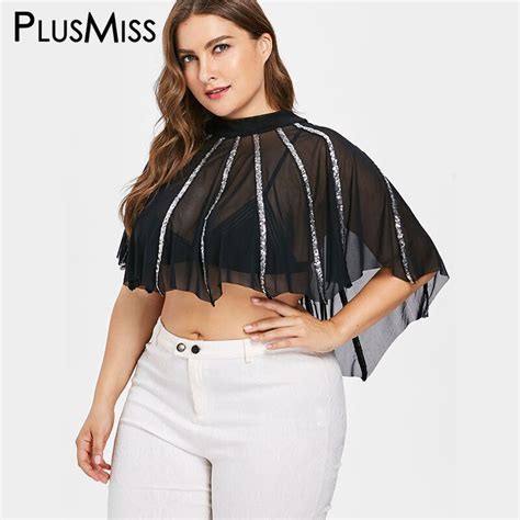Plusmiss Plus Size 5xl Sexy Mesh Lace Sequin Crop Blouse Women Sexy