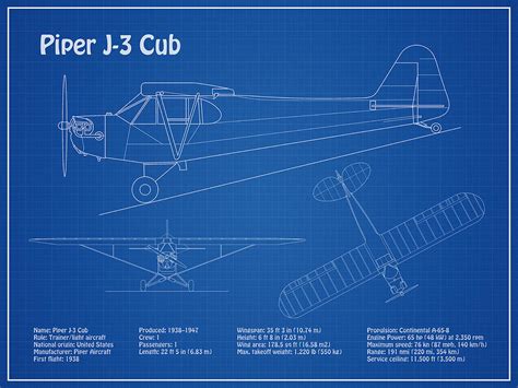 Piper J 3 Cub Airplane Blueprint Drawing Plans Schematics Ad Digital