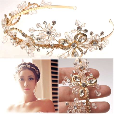 Gold Flower Bridal Wedding Tiara Rhinestone Crystal Hair Headband On
