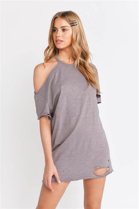 Black Shift Dress Distressed T Shirt Dress Black Cold Shoulder