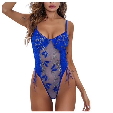 Dengdeng Women Lace Mesh Floral See Through Teddy Bodysuit Sexy Spaghetti Strap One Piece